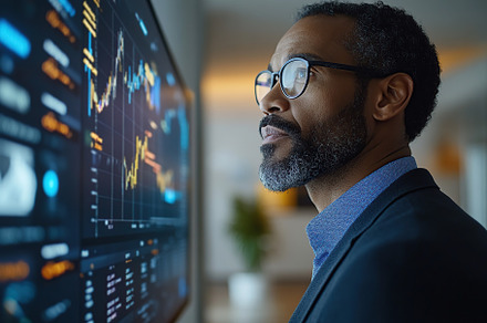 Male trader broker analyzing cryptocurrency prices on graphs and, a Person Photo by AlyaAnd