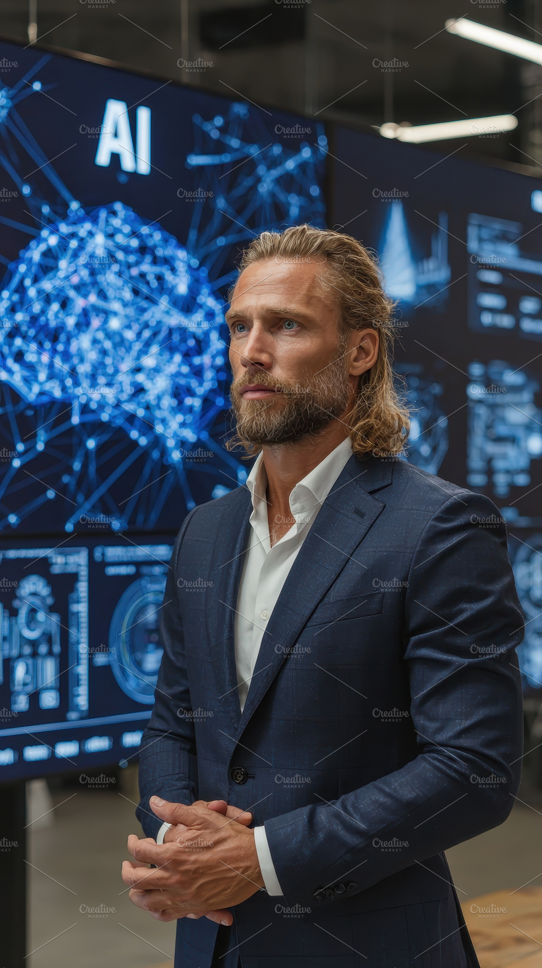 AI expert thoughtful man in suit fut, a Photo by Pixeness Studio