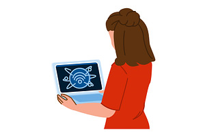 Woman holding laptop showing global, a Technology Illustration by pikepicture