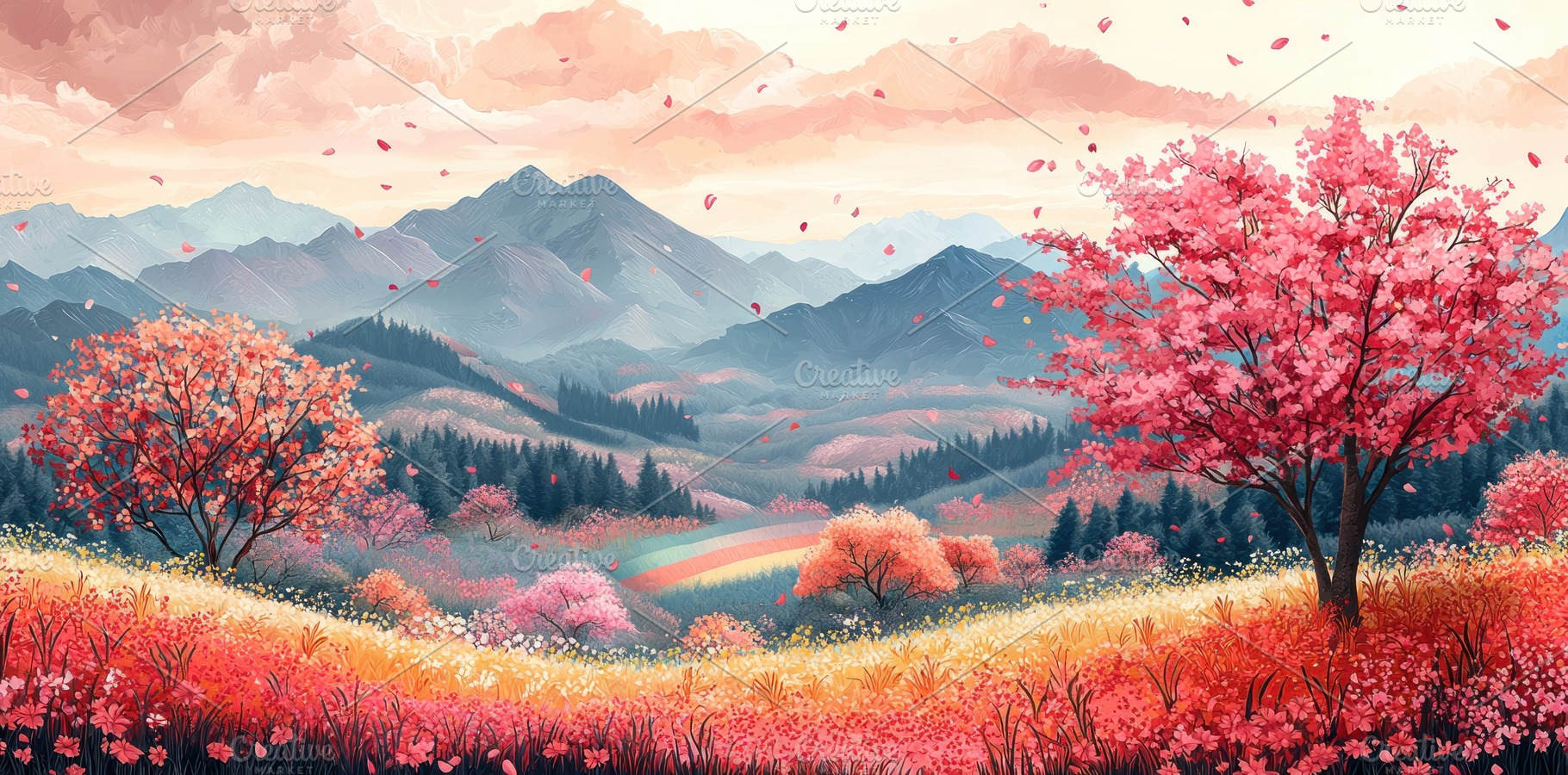 Cherry blossom trees lining a rural path with colorful flower fi, a Holiday Photo by José Manuel Gelpi