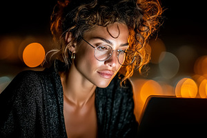 Focused woman working on a laptop with city lights in the background, a Person Photo by AS photostudio