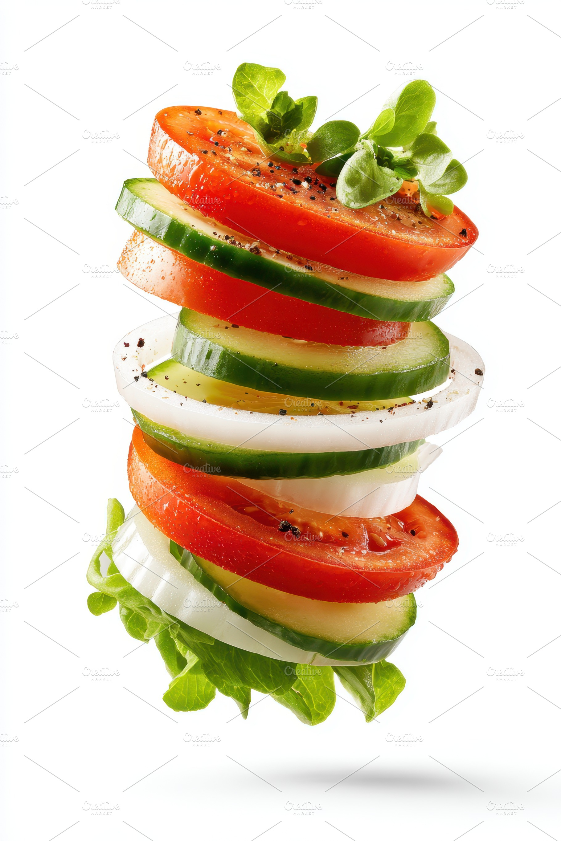 Vibrant sliced vegetables in mid-air, a Food & Drink Photo by AlyaAnd