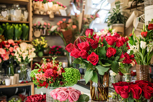 In a lively flower shop, a bouquet o, a Photo by Tanuart
