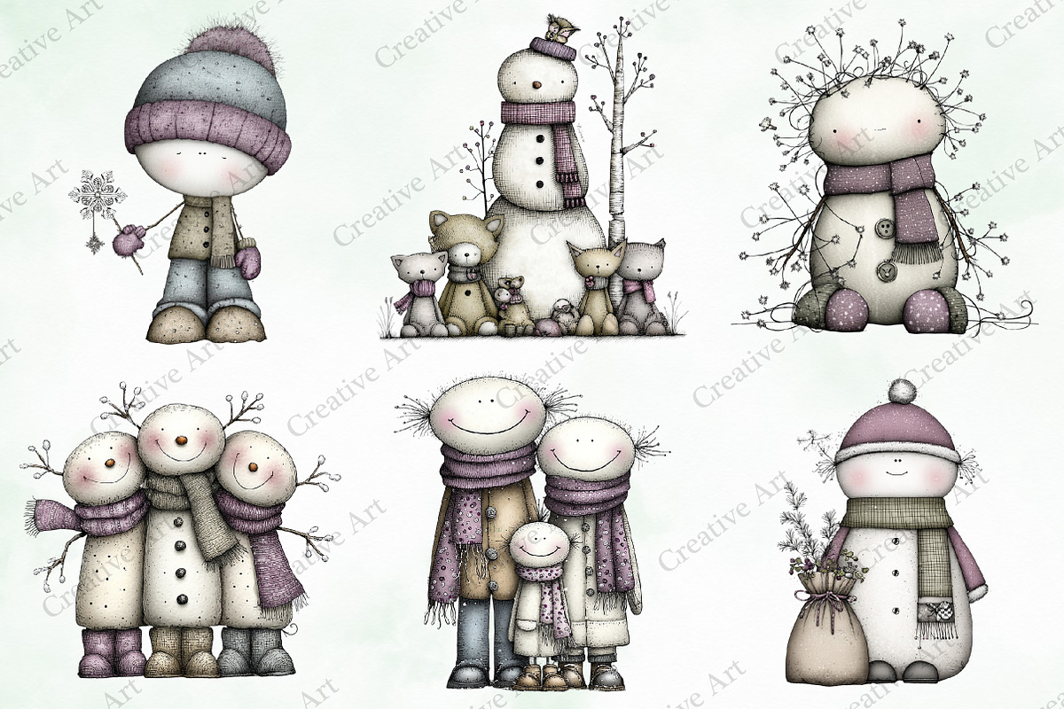 Whimsical Christmas Snowman Clipart, an Illustration by Creative Art (Photo 3 of 10)