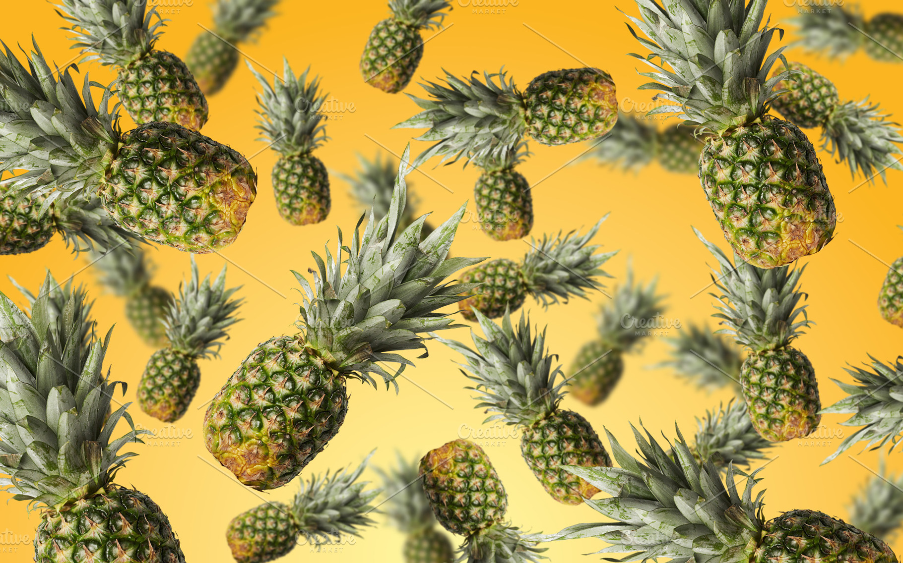 Collage of many whole pineapples flying on a bright orange and y, a Photo by ndanko