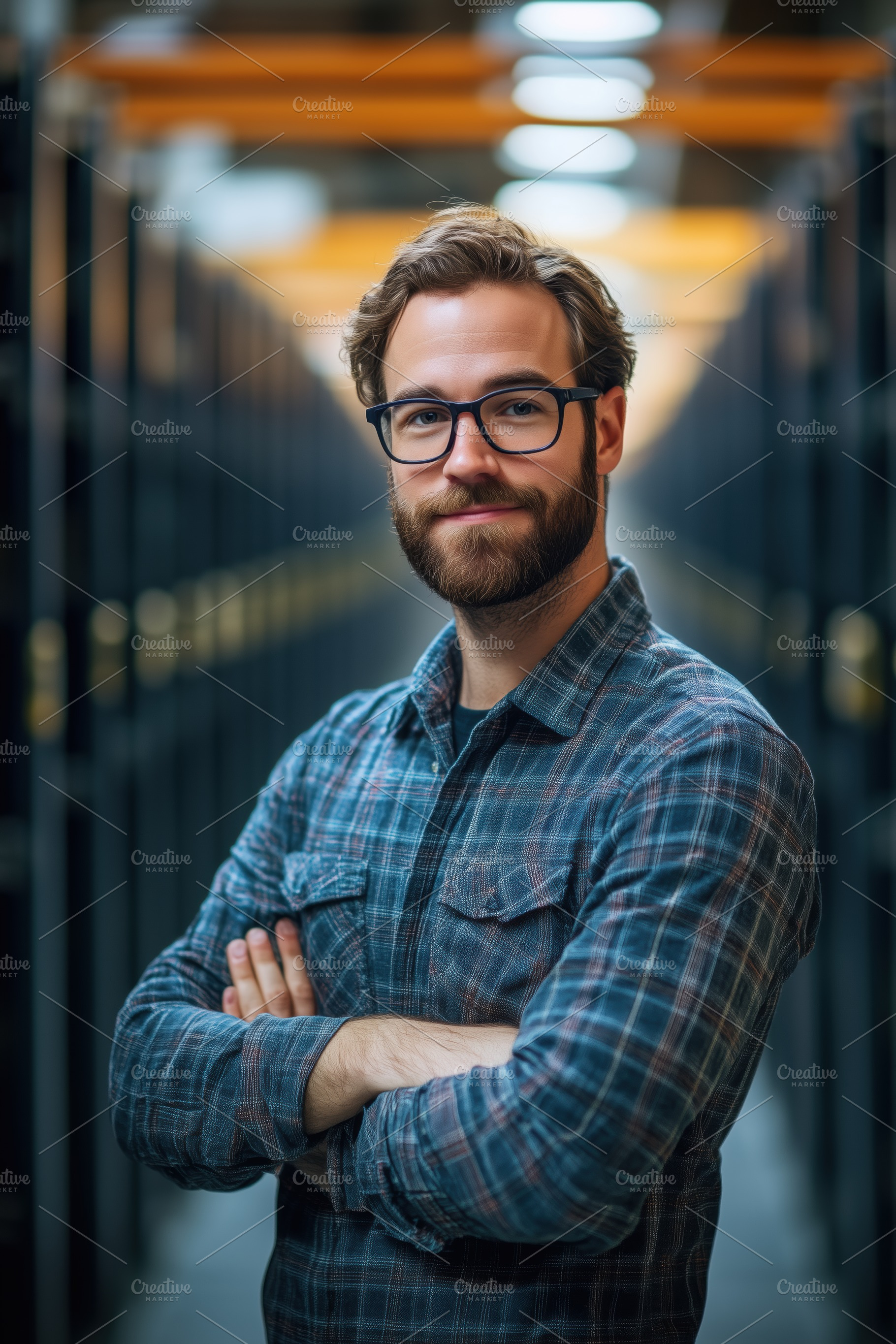 A confident Data Engineer young man with a beard and glasses stands with arms c, a Person Photo by Textures & Backgrounds