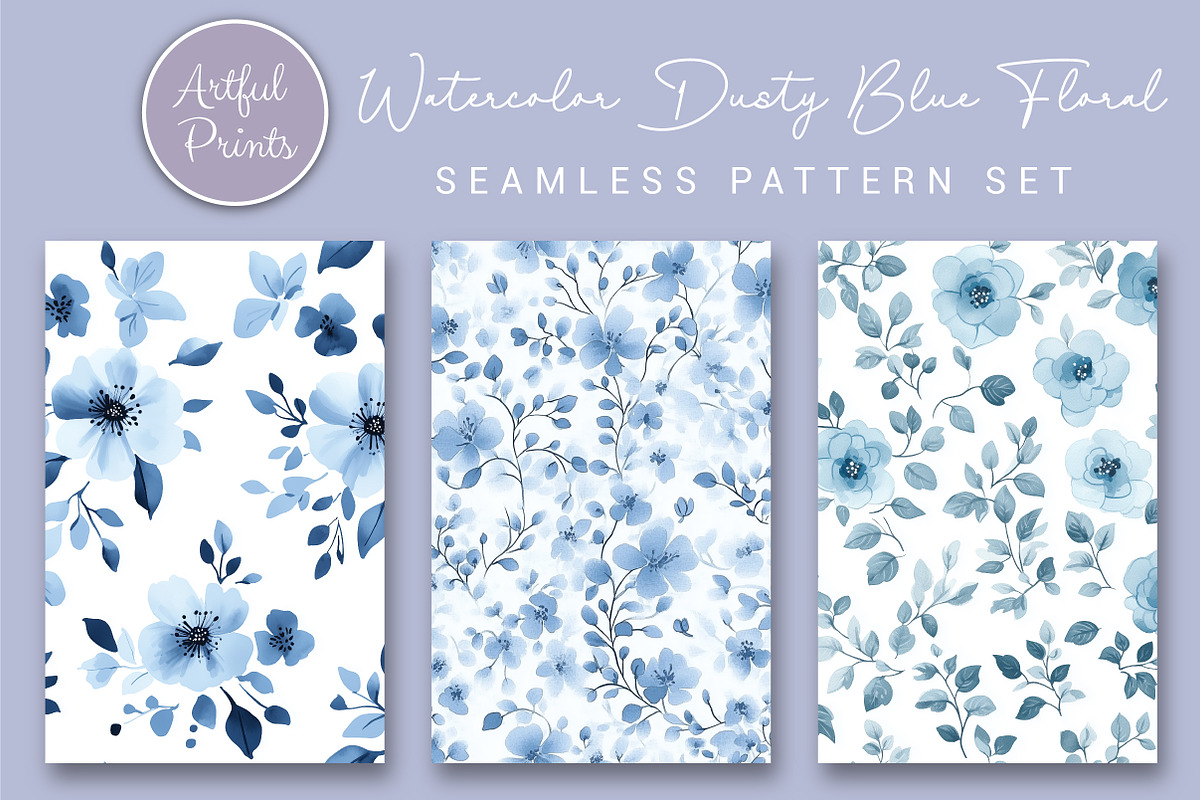 Watercolor Dusty Blue Floral Pattern, a Pattern Graphic by Artful Prints (Photo 3 of 3)