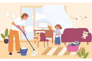 Daughter helps mom clean room, a Person Illustration by YummyBuum