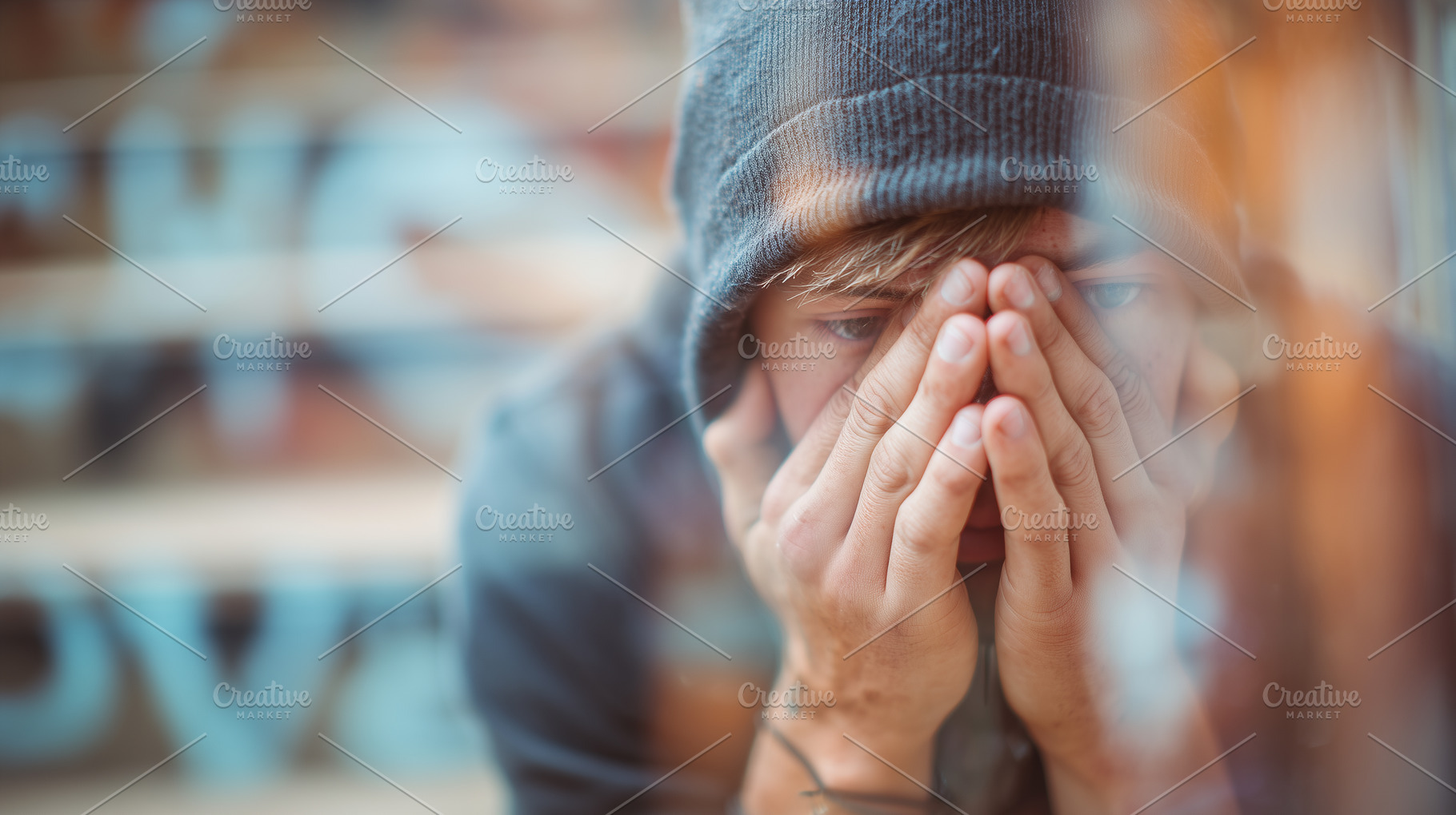 Young man in a hoodie sits with face, a Person Photo by MistyDay