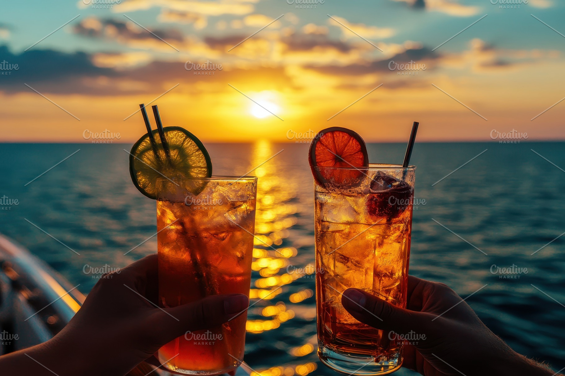 Friends relaxing on a boat at sunset, a Photo by Pavel_design