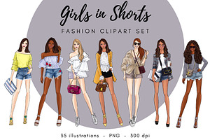 Girls In Shorts Fashion Clipart Set