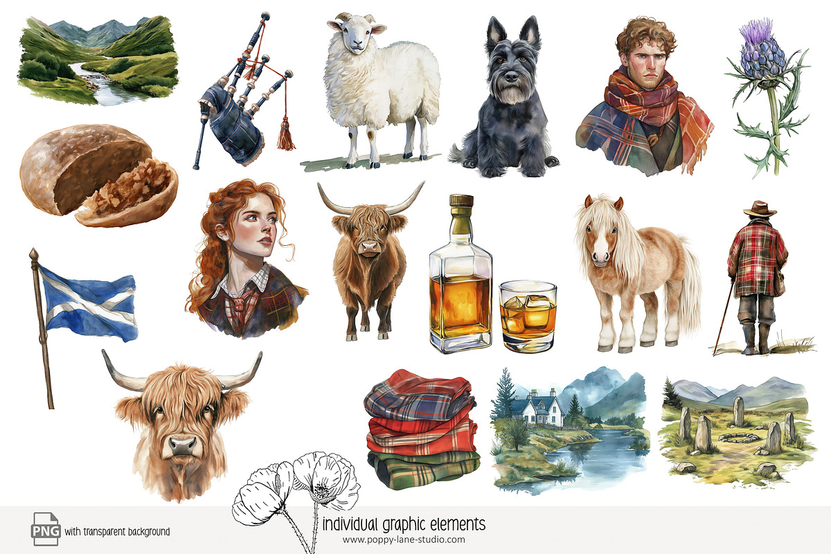 100 watercolour Scotland clip art, a Person Illustration by Poppy Lane Studio (Photo 8 of 10)