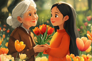 Granddaughter giving bouquet of red tulips to smiling grandmothe, a Person Photo by José Manuel Gelpi