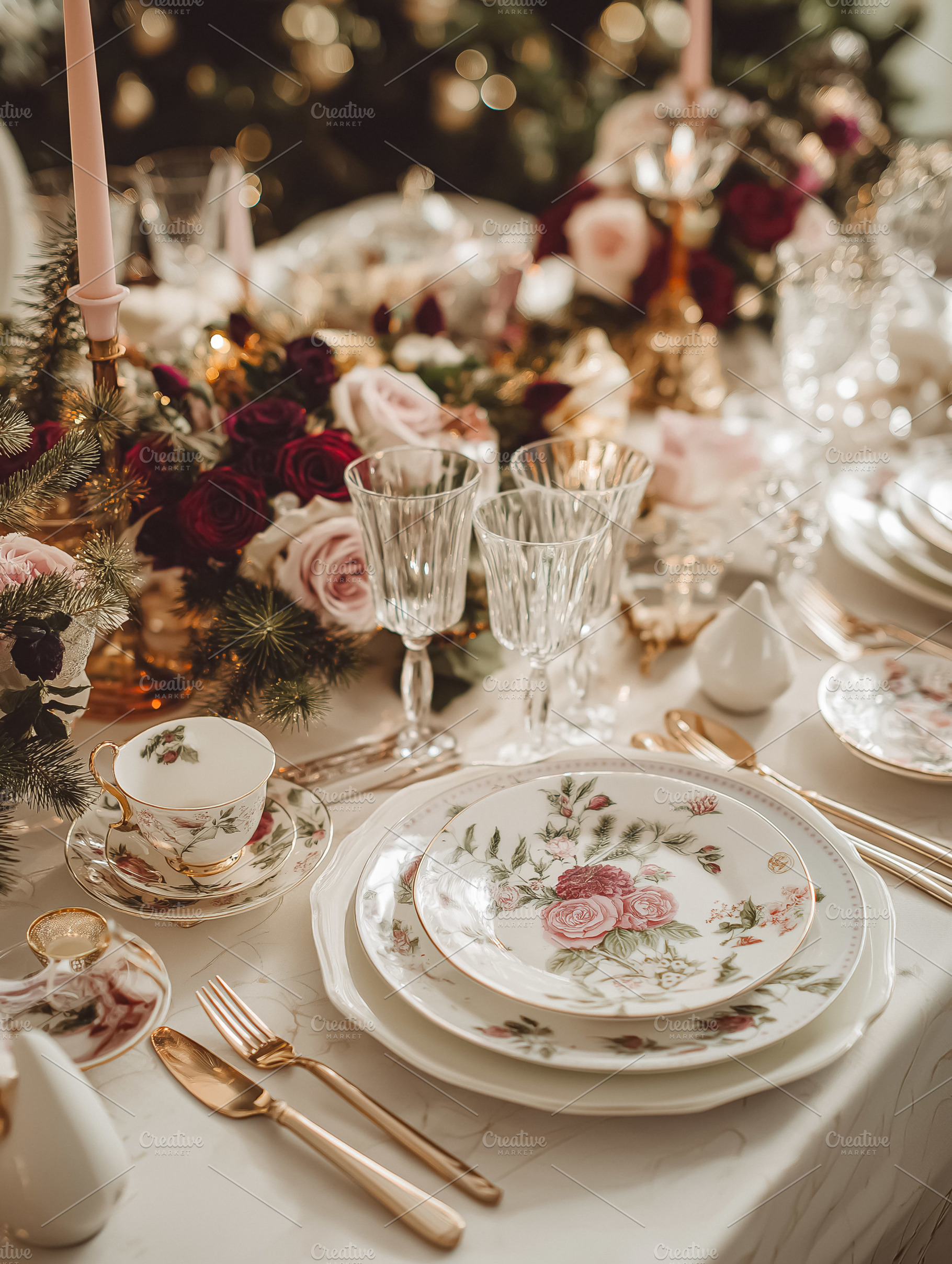 Festive table set for holiday dinner featuring fancy tableware, floral motif pl, a Food & Drink Photo by Studio ANNA