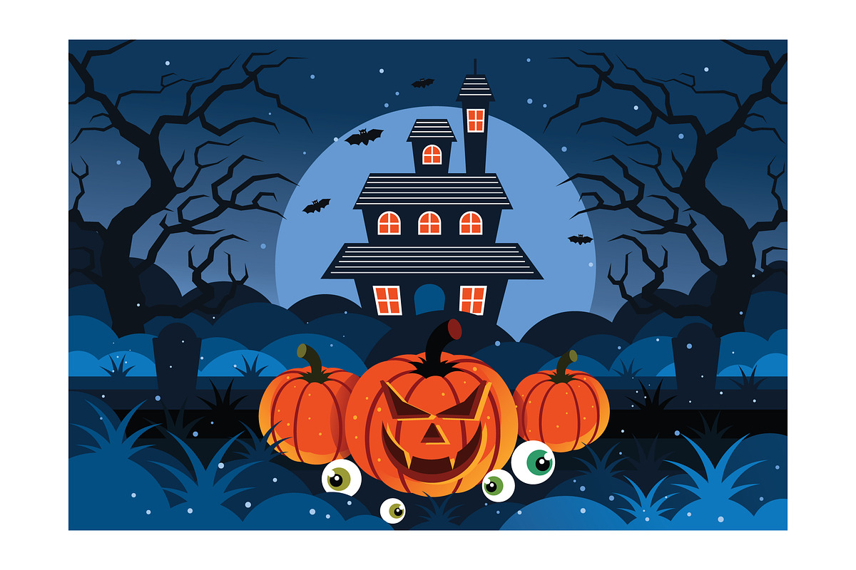 Pumpkins and Haunted House, a Decorative Illustration by KAZ by IanMikraz Studio