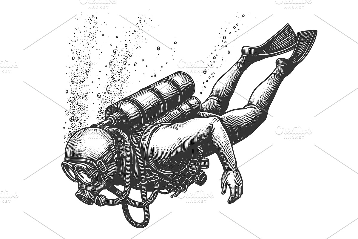Scuba Diver Underwater sketch vector, a Person Illustration by AlexArt