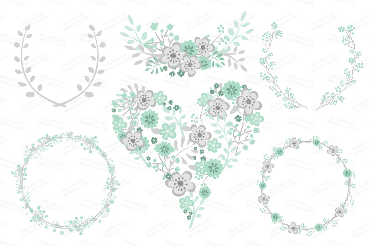 Mint Floral Heart Clipart & Vectors, an Illustration by Amanda Ilkov (Photo 3 of 4)