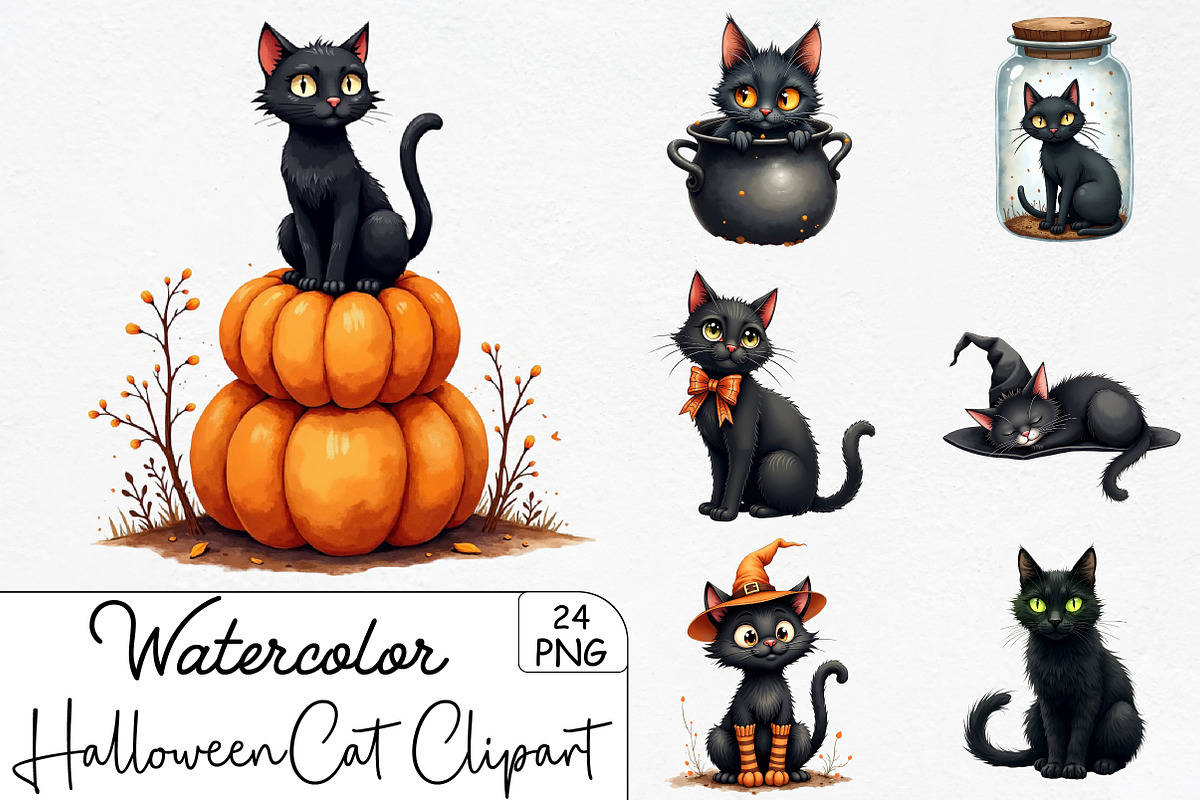 Halloween Black Cat Clipart PNG, an Illustration by CrexoraLab (Photo 1 of 5)