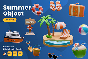 Summer Object 3D Icons, an Object 3D Model by Azam Creative