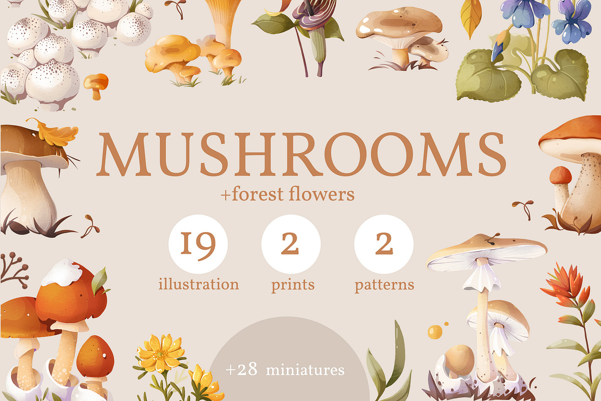 Mushrooms & flowers, a Texture Illustration by Izobova (Photo 1 of 7)