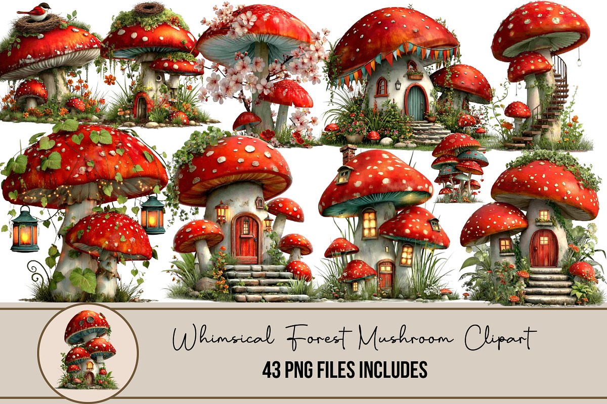 Whimsical Forest Mushroom Clipart, an Illustration by DreamArtGraphic (Photo 1 of 5)