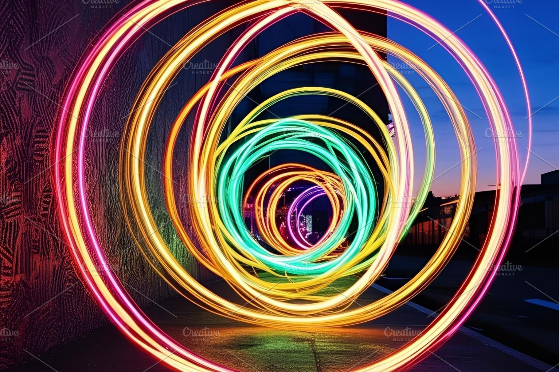 3d circle neon colour street art, an Abstract Photo by ComfortQ