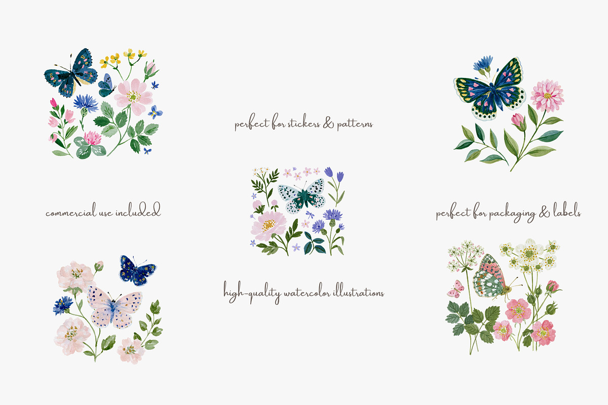 watercolor butterfly wildflower set, a Decorative Illustration by Patishop Art (Photo 4 of 6)