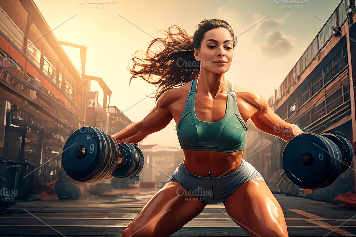 Young adult woman lifting weights in an outdoor industrial envir, a Sport Illustration by DanFLCreativo