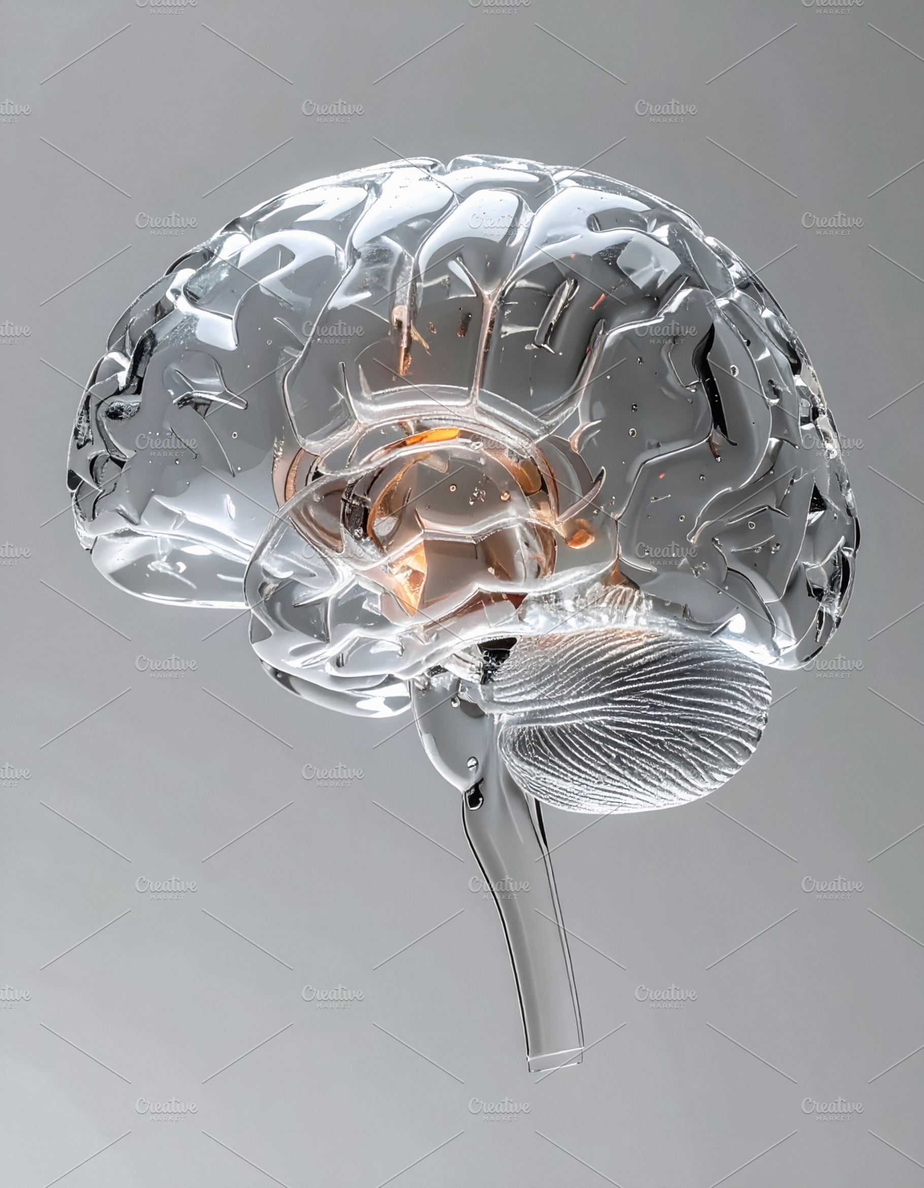 Transparent glass brain model with highlighted inner neural stru, a Health & Medical Photo by GoodGoods