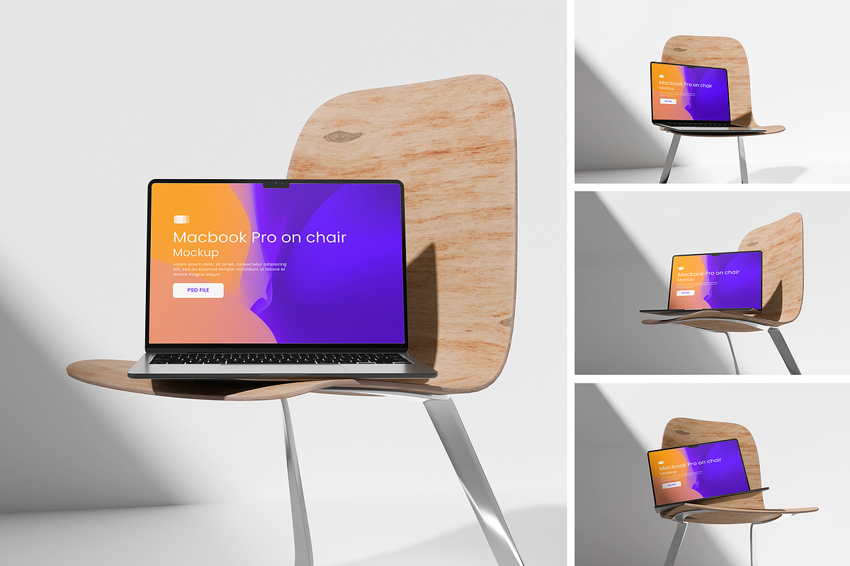 Macbook Pro on Chair Mockup, a Wearable Device Mockup by swsi-studio (Photo 1 of 5)