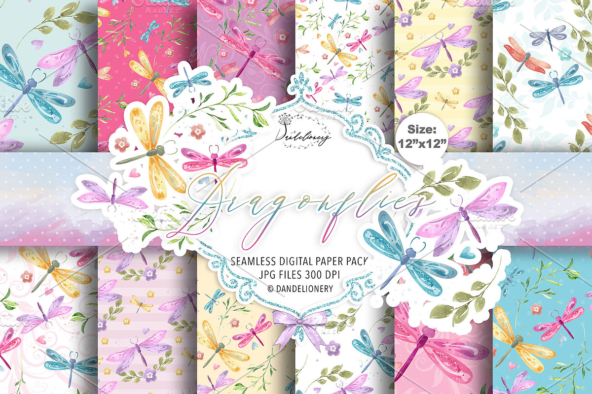 Dragonflies digital paper pack, a Pattern Graphic by designloverstudio