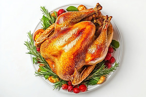 Tasty roasted turkey in plate on white background. Thanksgiving day, a Food & Drink Photo by AlyaAnd