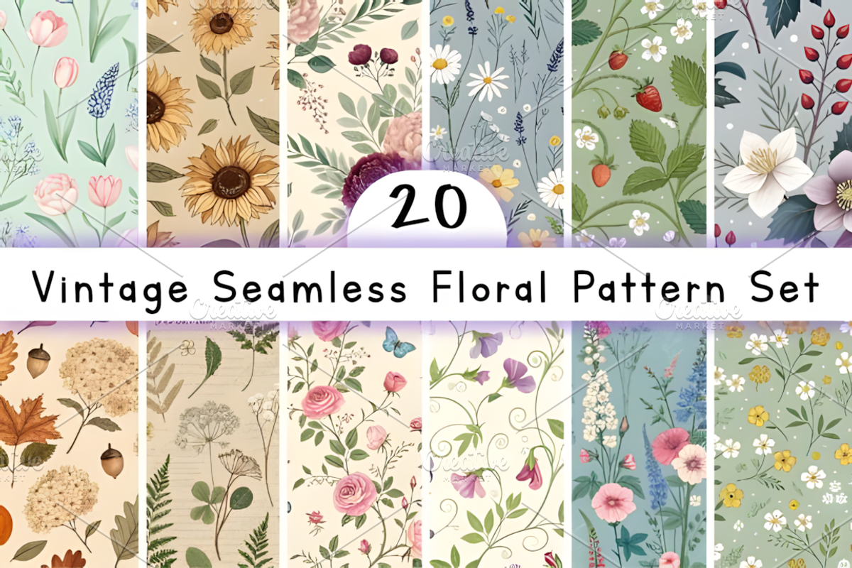 Vintage Seamless Floral Pattern Set, a Pattern Graphic by Design Station (Photo 1 of 3)