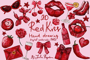 Red kiss watercolor set PNG