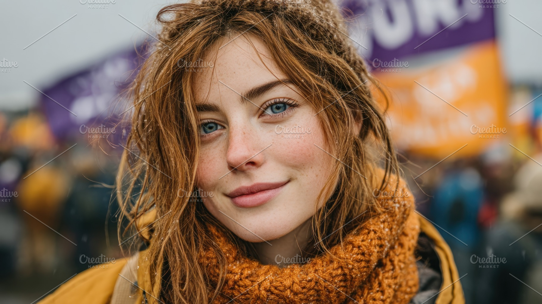 Smiling Young Woman at Outdoor Protest with Colorful Flags and C, a Person Photo by José Manuel Gelpi