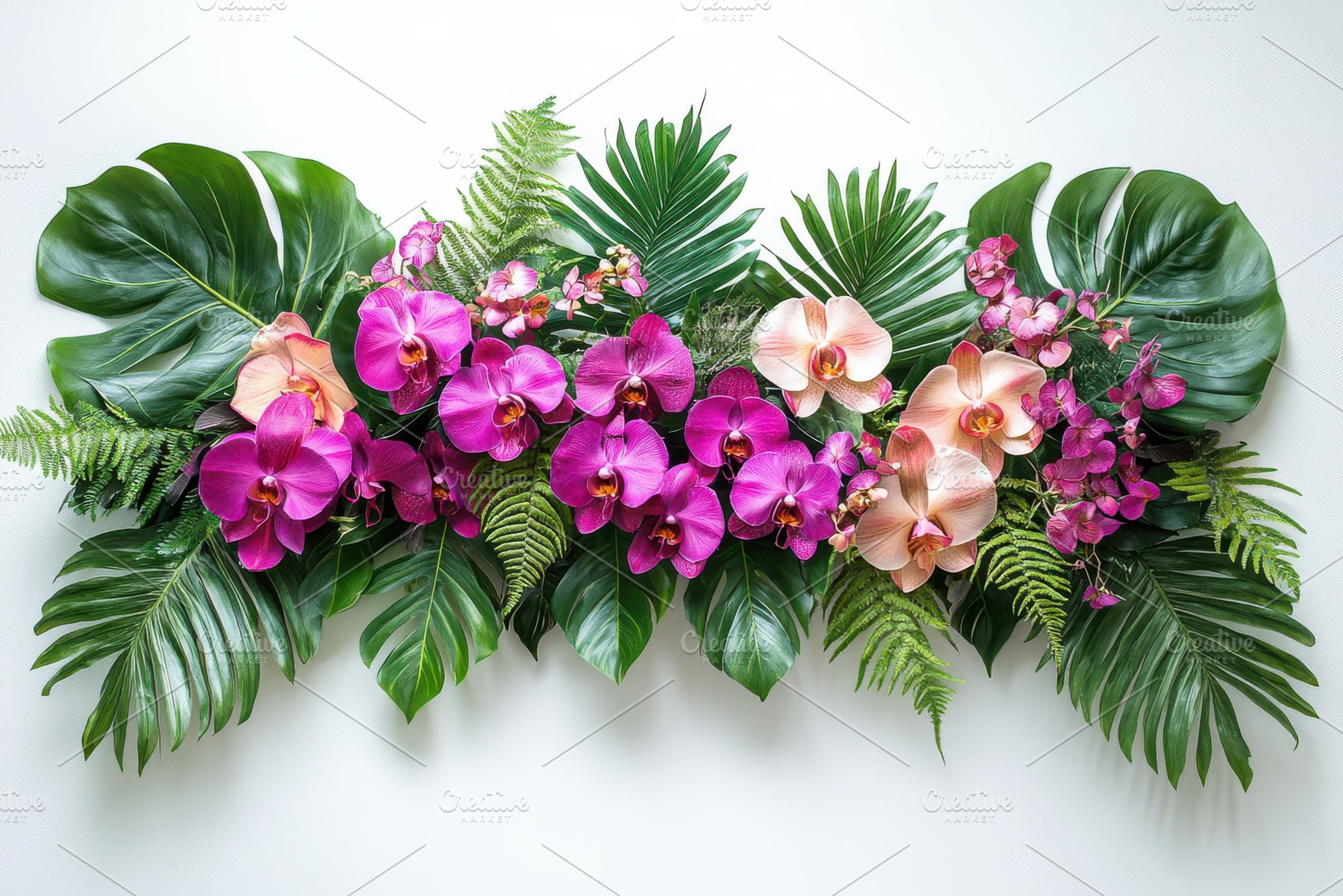 Orchid and Tropical Leaf Arrangement, a Photo by Pixeness Studio