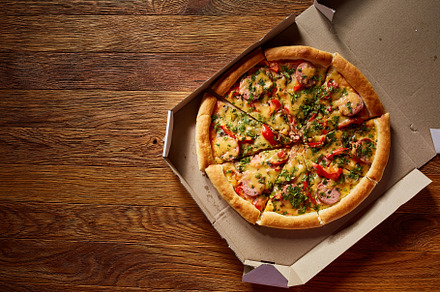 Pizza in the in delivery box containing pizza, box, and background