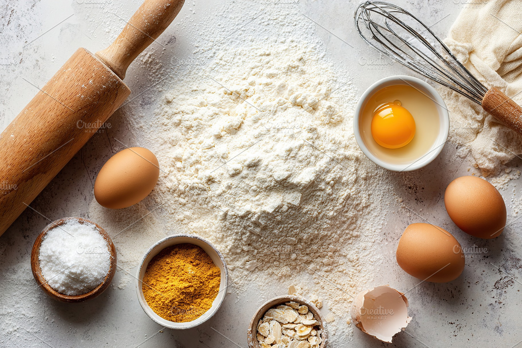 Baking ingredients arranged on a rustic countertop ready for preparation, a Food & Drink Photo by AlyaAnd