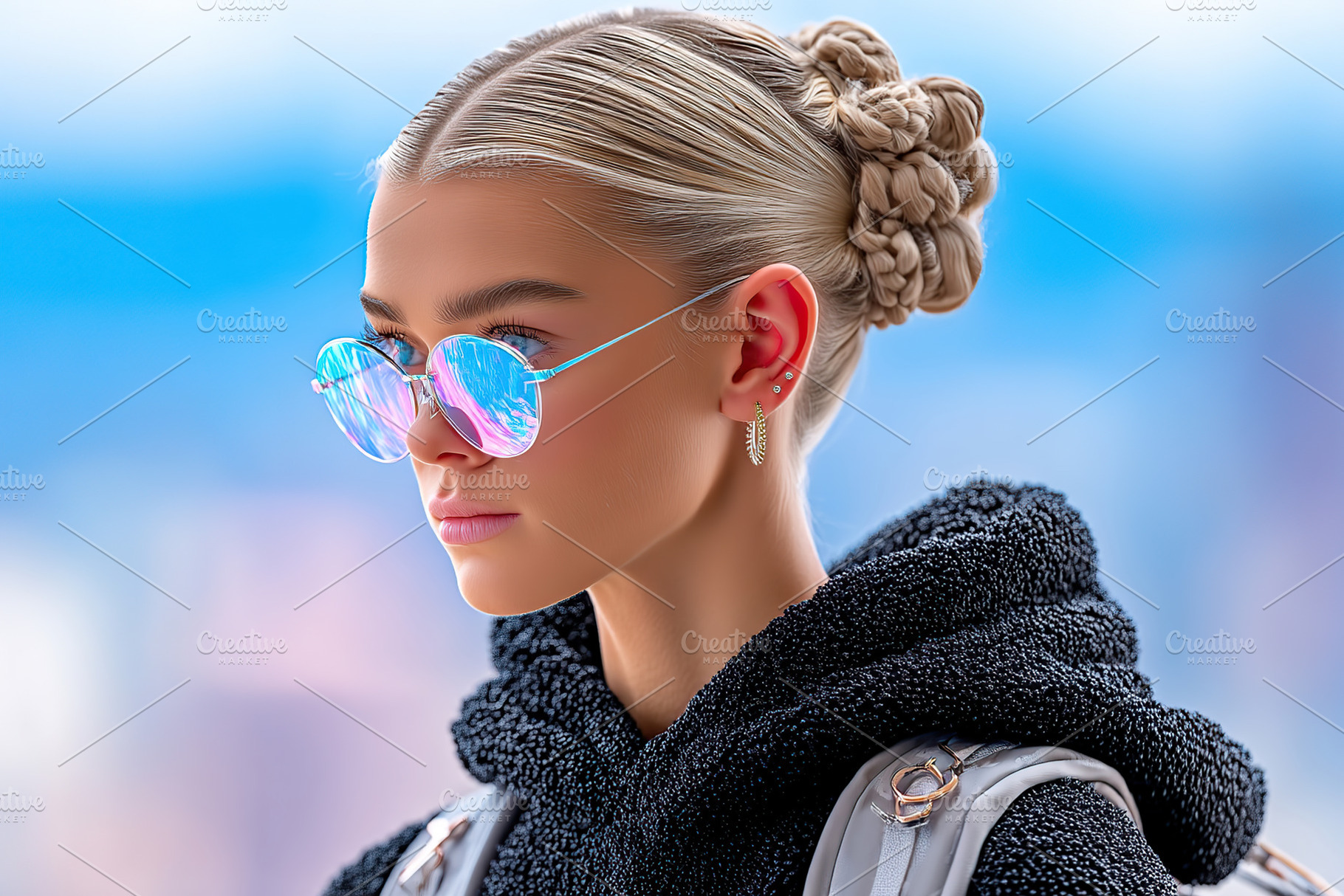 Young woman with stylish sunglasses and braided hairstyle enjoys the urban back, a Person Photo by AlyaAnd