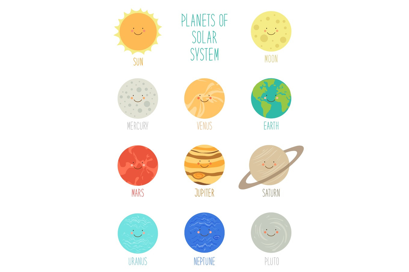 Cute smiling cartoon characters of planets of solar system. Childish ...