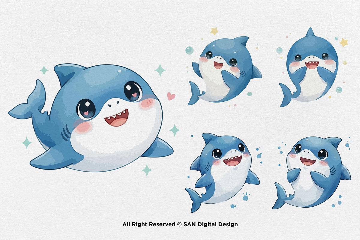 15 Bundle Watercolor Cute Shark Sea, an Animal Illustration by Morspective (Photo 6 of 8)
