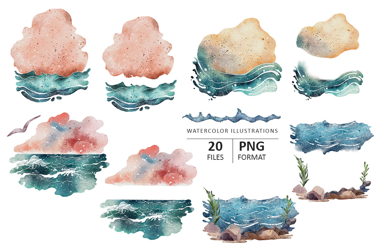 Sea Waves watercolor illustrations, an Object Illustration by Evgeniia (Photo 2 of 5)