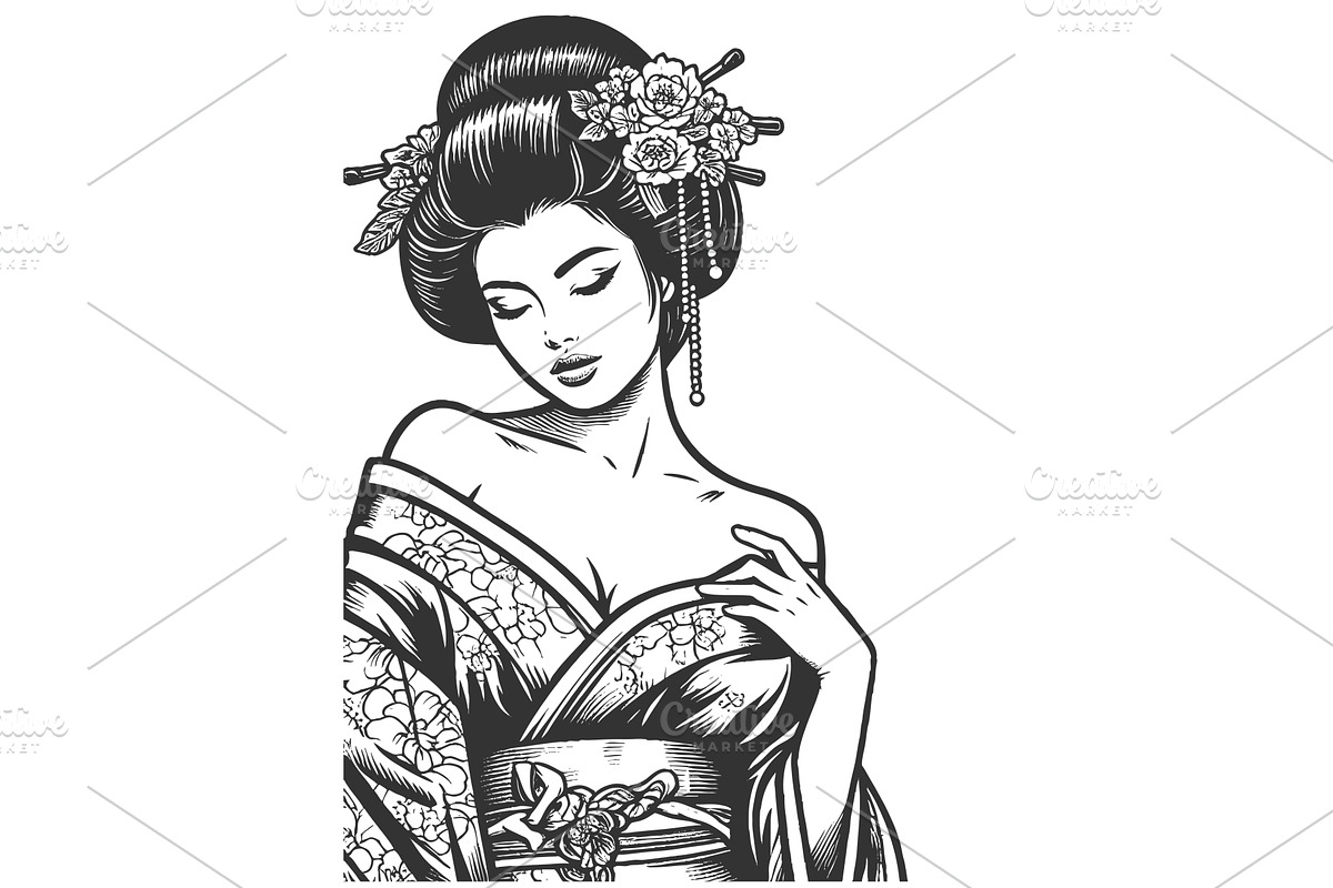 Elegant Geisha Floral Kimono Holding, a Person Illustration by AlexArt