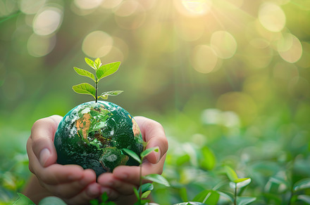Human hand cradling a small globe ag, a Photo by LOGOCREATIVE