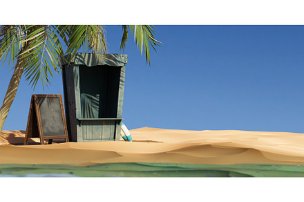 Beach hut with a board in the sand, an Animal 3D Model by Daniel Megias