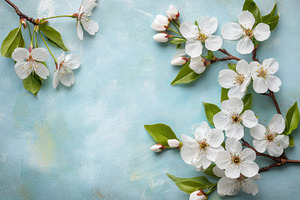 White cherry blossom branches agains, a Photo by Tanuart