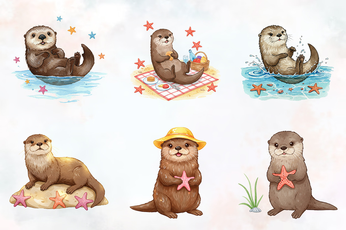 Happy Otters & Starfish Beach Clipar, an Illustration by RobertsArt (Photo 6 of 7)