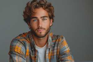 A handsome young Caucasian male with curly hair and blue eyes gazes confidently, a Person Photo by ImageMir