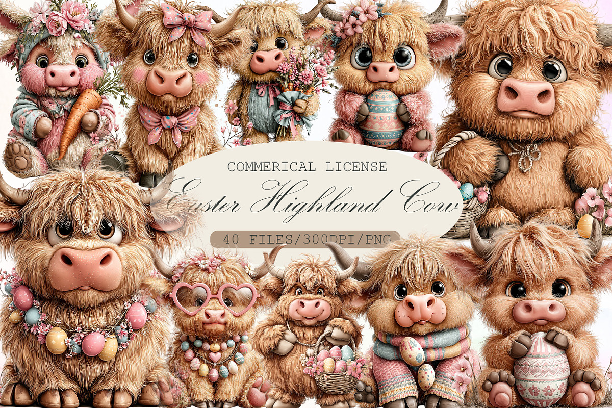 Whimsical Easter Highland Cow Clipar, an Illustration by Sublimation Artist (Photo 1 of 5)