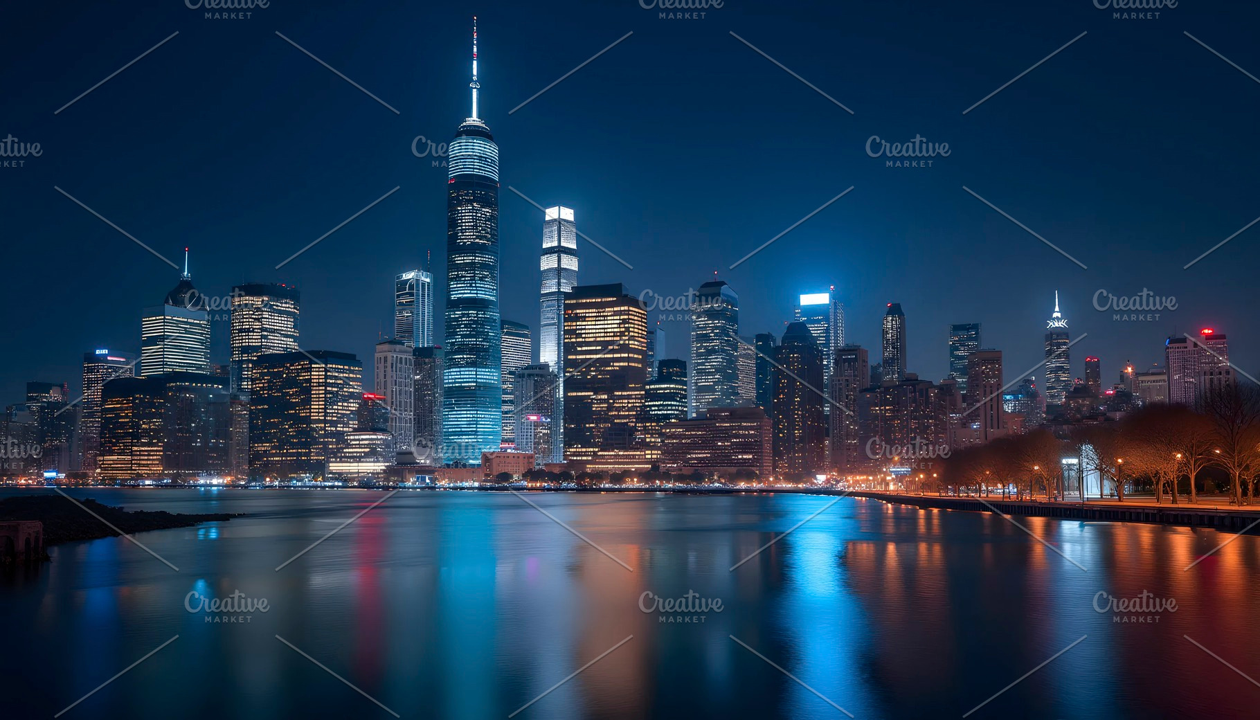 City skyline at night with skyscrape, a Photo by LOGOCREATIVE